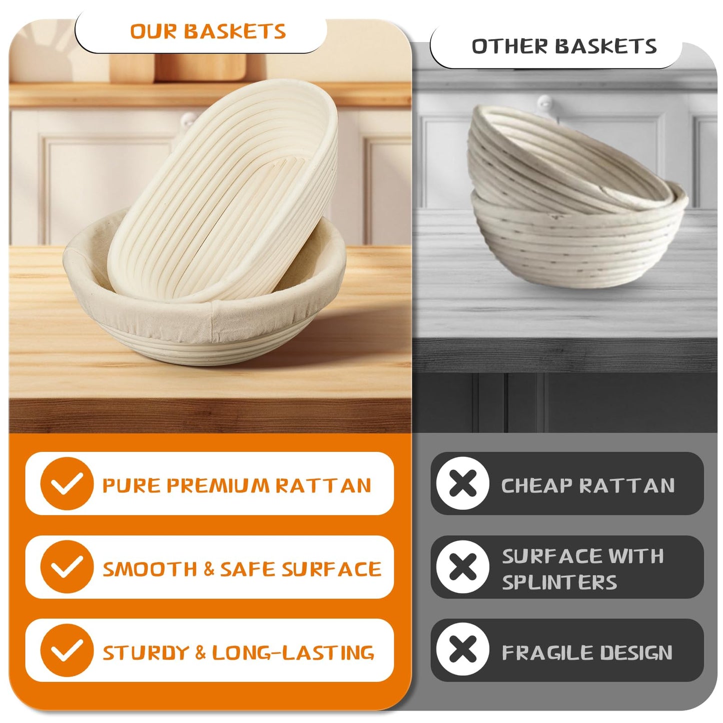 Dimpola Banneton Bread Proofing Basket Banneton Basket Set Sourdough Proofing Basket Round Proofing Bowls Handmade Rattan Baskets and Liners (Oval of 2 Gift Set)
