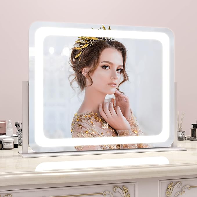 ROLOVE 22x17 Inch Lighted Vanity Mirror with Dimmable LED Lights - 3 Color Modes, Smart Touch Control & 360° Rotating Base - Desk Makeup Mirror (White)