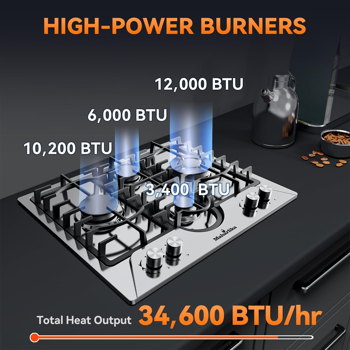 Gas Cooktop 24 Inch ROVLEP, Gas Stove Top Built-in 4 Burners Stainless Steel Total 31,600 BTU, 24Inch NG/LPG Convertible Propane Cooktop Dual Fuel, RV Stove Top with Thermocouple Protect