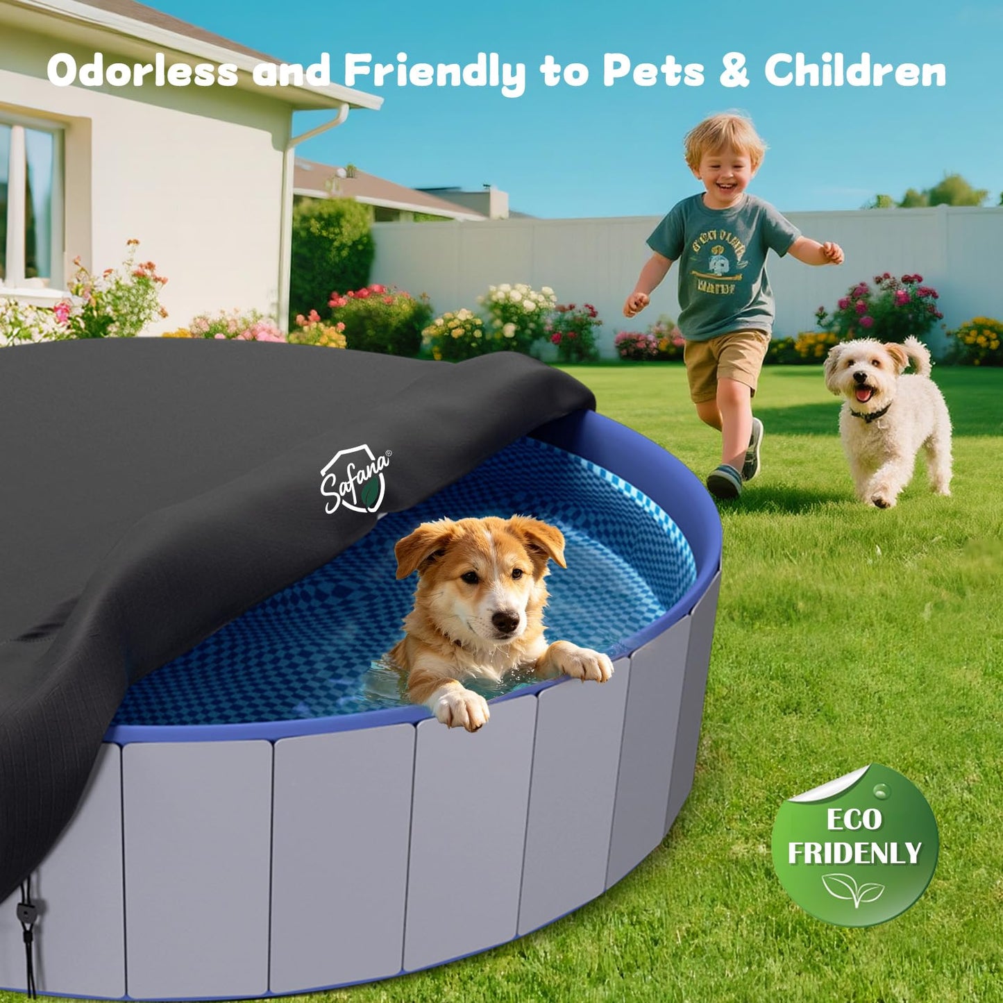 SAFANA 72" Round Dog Pool Cover [Upgrade 420D Thickened] 6ft Portable Dog Pet Bath Pool Cover 71/72 inch, Durable Foldable Round Inflatable Swimming Pool Cover, Drawstring Design Windproof Dustproof