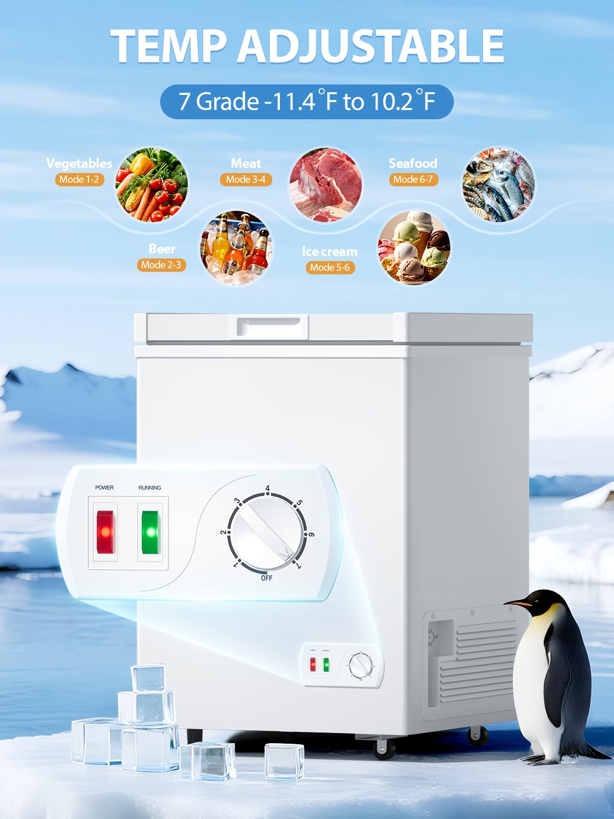 Chest Freezer 4.2 Cu.ft 7 Level Temperature, Deep Freezers with Two Removable Baskets, Freestanding Top Door Open Freezer for Kitchen Garage Home, White
