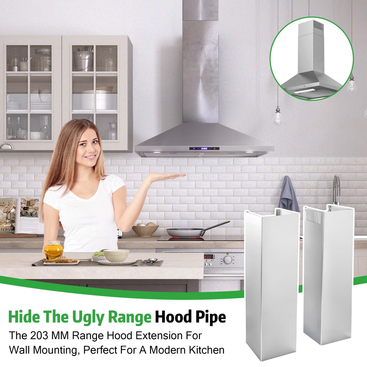 31.5" x 8" x 6.7" Range Hood Chimney Extension, Adjustable Chimney 31.5-63 IN, 203MM Width Stainless Steel Range Hood Chimney Extension, Extend Ventilation Reach, Universal Fit For Most Kitchens