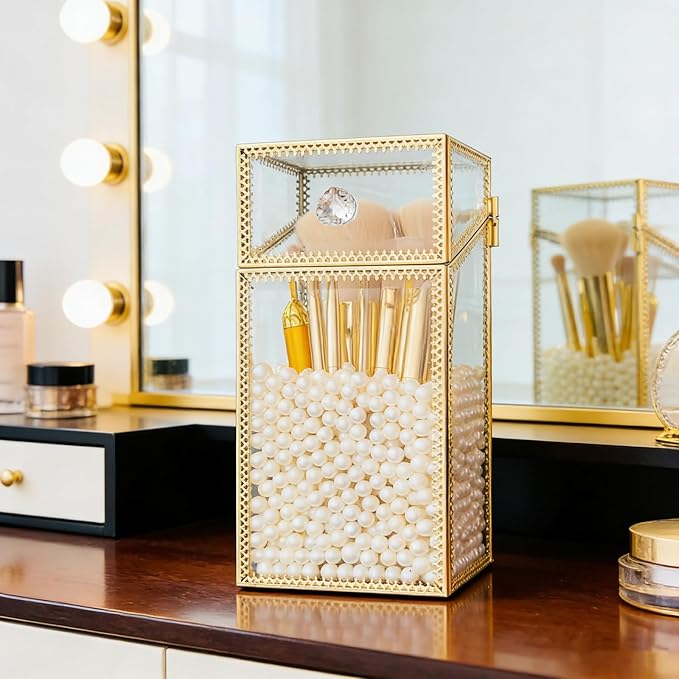 Makeup Brush Holder Organizer with Lid, Glass Cosmetic Make Up Brushes Container, Clear Makeup Tool Storage Box Cup with Pearls, Vintage Dustproof Vanity Decor for Countertop Desktop