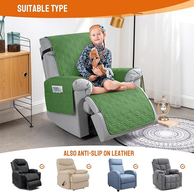 VANSOFY 100% Waterproof Recliner Chair Covers, Recliner Cover Non-Slip Dog Chair Cover Furniture Protector Washable Slipcover with Pocket, Elastic Straps for Pets, Dogs(Vine Green, 20")