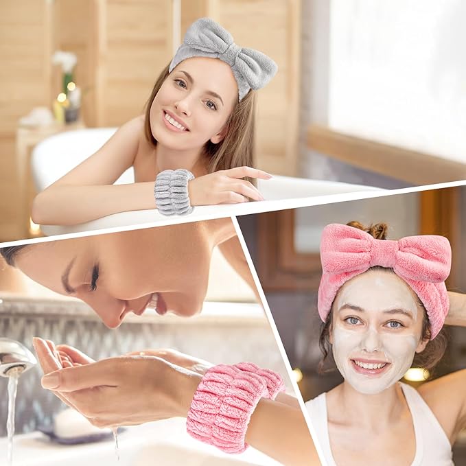 6Pack Headband and Wristband Set for Washing Face, Spa Skincare Makeup Headband, Soft Puffy Hair Band Bow Tie, for Women and Teen Girl Trendy Stuff Gifts