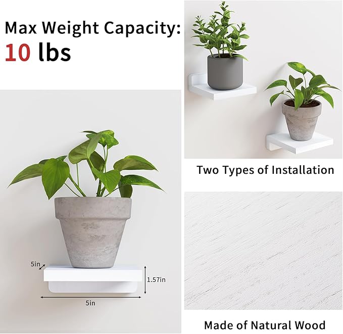 Fixwal Small Shelf for Wall, Rustic Wood Floating Wall Mounted Shelves for Bedroom, Living Room, Kitchen, Bathroom Decor, Set of 4, 5 x 5 Inches (White)