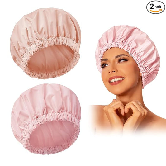 Reusable Shower Cap for Women, Large Waterproof Shower Bonnet with Elastic Band, Washable Bath Hair Cap for Long, Curly Hair, Braids, Daily Shower, Home Spa, Travel(Pink&Beige)