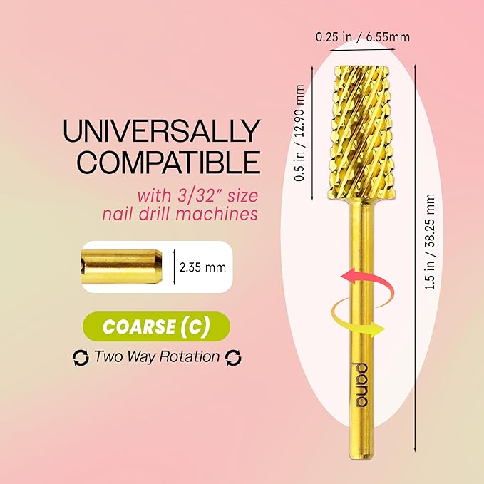 PANA Tapered Barrel Carbide 3/32" Shank Size - (Gold, Coarse Grit) - Fast remove Acrylic or Hard Gel Nail Drill Bit for Manicure Pedicure Salon Professional or Beginner