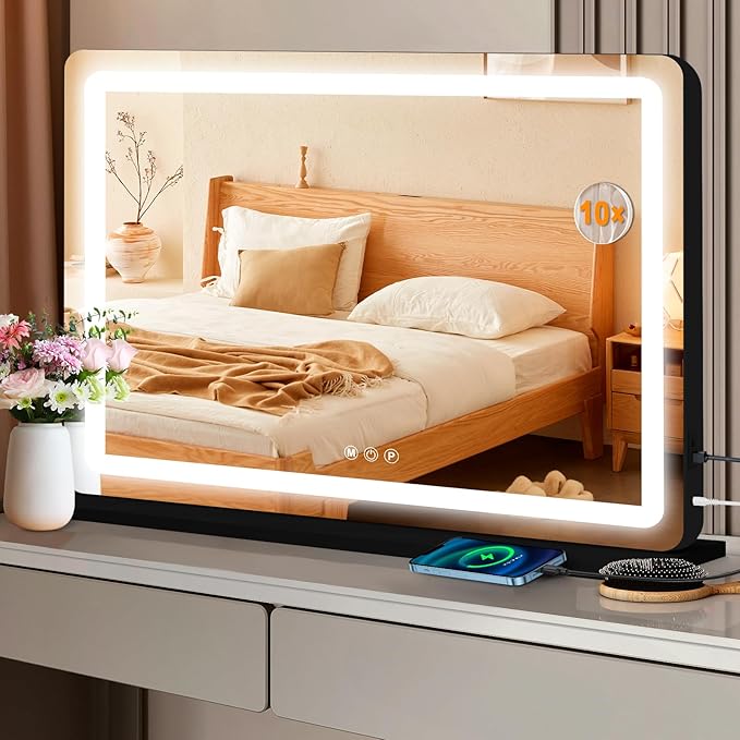 Vanity Mirror with Lights, Led Makeup Mirror, Lighted Makeup Mirror with 3 Color Dimmable Lights, Smart Touch Screen Control, Aluminum Metal Frame,USB Charging Port