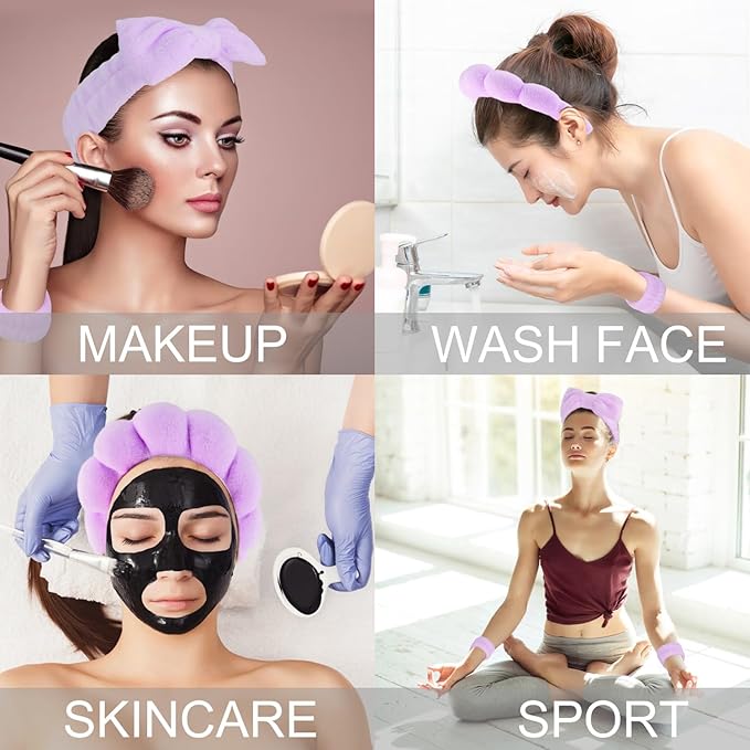 SuPoo Hairband, 6pcs Purple Spa Headband and Wristband Set, Soft Microfiber Material, Perfect Size, Strong Water Absorbent, Multi-Function Use for Skincare, Sports, Yoga, Makeup, Shower