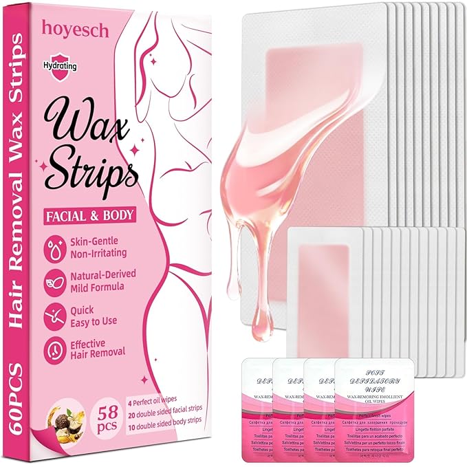 58 PCS Wax Strips - 38 Facial & 20 Body Waxing Kit for WomenÃ¢ÂÂ s Hair Removal,Wax Strips for Face,Eyebrow,Body, Arms, Legs, Chest, Back, Bikini/Brazilian Waxing Strips & 4Calming Oil Wipes