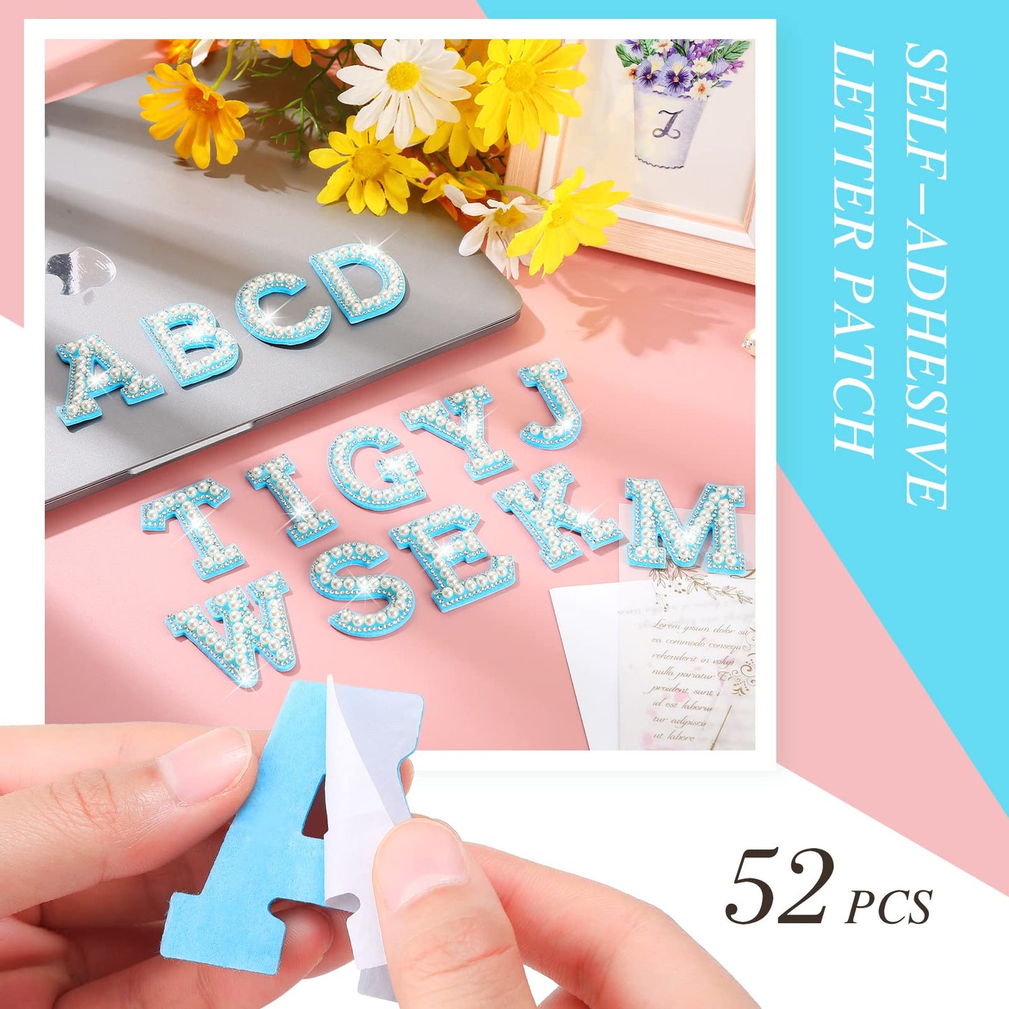 WILLBOND 52 Pieces Self Adhesive Pearl Rhinestone Letter Patches A-Z Glitter Letter Stickers Pearl Alphabet Appliques for Clothes Hat Backpack, Wedding Graduation Mother's Day DIY Crafts(Blue)