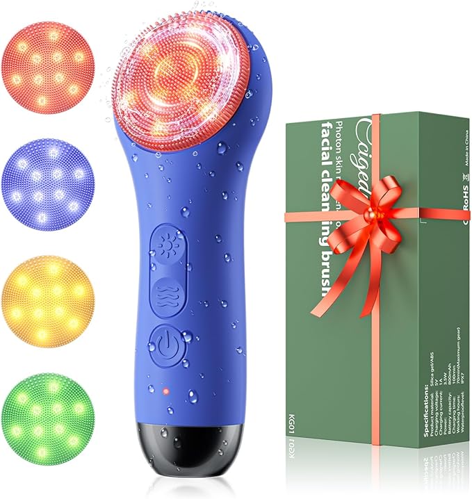 Face Scrubber Facial Cleansing Brush - Waterproof and Rechargeable Face Cleansing Brush with 4 LED Gentle Light, Cleansing, Exfoliating and Massaging, Electric Face Scrub Brush for Men & Women