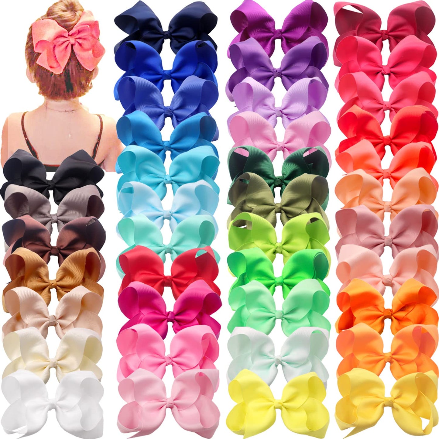 CÉLLOT 40 Pieces 6 Inch Hair Bows for Girls Clips Grosgrain Ribbon Boutique Hair Bow Alligator Clips For Girls Teens Toddlers Kids
