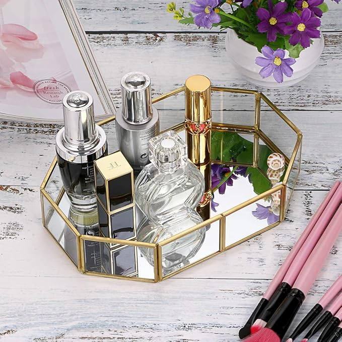 Hipiwe Mirror Glass Vanity Tray - Gold Ornate Makeup Tray Vintage Octagonal Perfume Tray Dresser Trays Jewelry Trinket Organizer for Bathroom Storage Trays for Home Decor