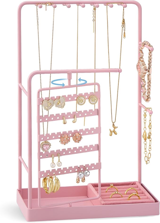 ProCase Jewelry Stand Holder Organizer, Jewelry Display Storage with Ring Tray, No-Assembly Needed, Rotating Earring Bracelet Necklace Holder, Christmas Gifts Room Dorm Decor for Teen Girls -Pink