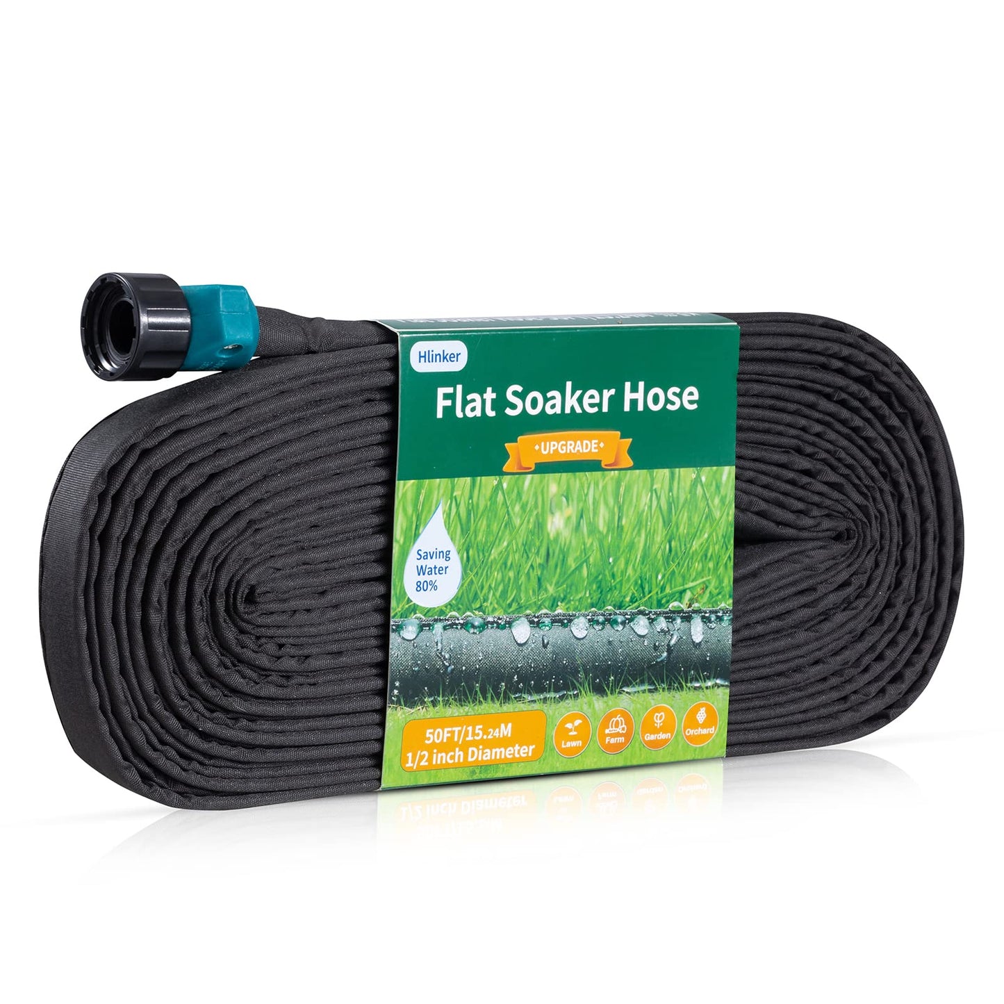 Hlinker Flat Soaker Hose 50 FT for Garden Beds, 50Ft 1/2" Linkable Consistent Drip Irrigation Hose Save 80% Water, Leakproof Heavy Duty Double Layer Sprinkler Hose
