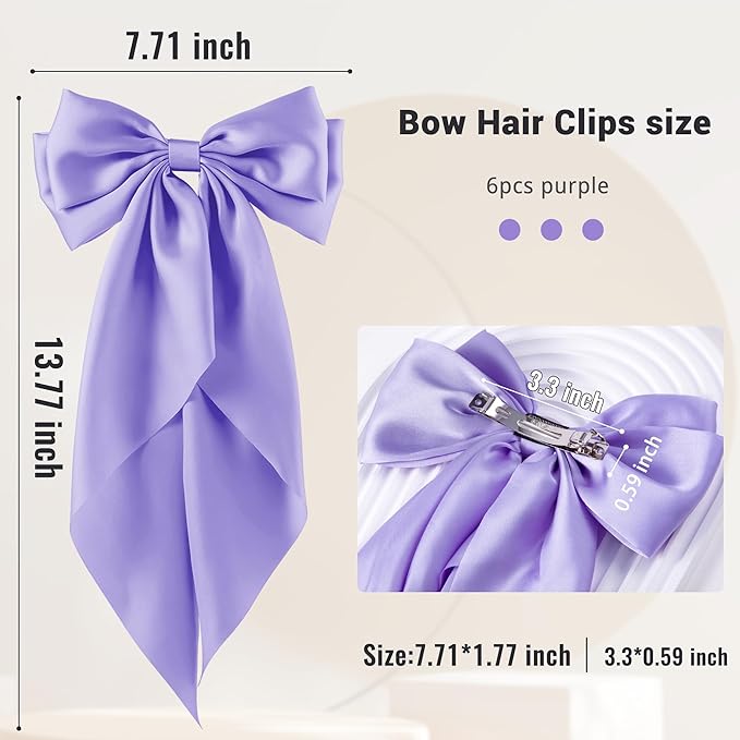 6Pcs Large Bows Hair Clips for Women Girls Long Tail Hair Ribbon Silky Satin Barrettes Coquette Hair Bows Accessories(Purple)
