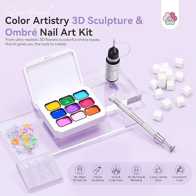 SAVILAND 3D Patting Gel Polish Kit: 9 Colors Pat Gel Polish Palette No-Wipe Blooming Gels Nail Polish 3D Nails Sculpting Gels with Flowers Shape Silicone Mold Sponges for Ombre Aura Nails Art DIY