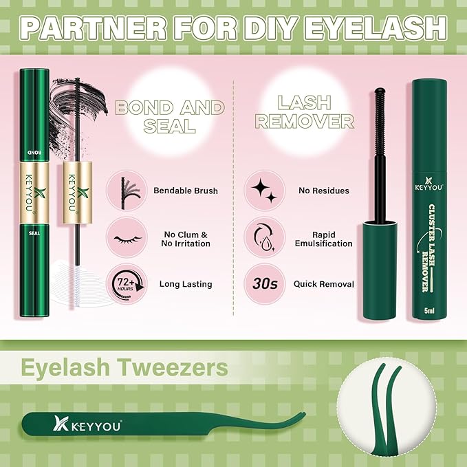 KEYYOU Angel lash Clusters Kit Lash Extension Kit C Curl 144Pcs Eyelash Extension Kit Wispy Natural Invisible Band Lash Kit with Waterproof DIY Lash Extension Kit at Home(Angel-D-8-18MIX)