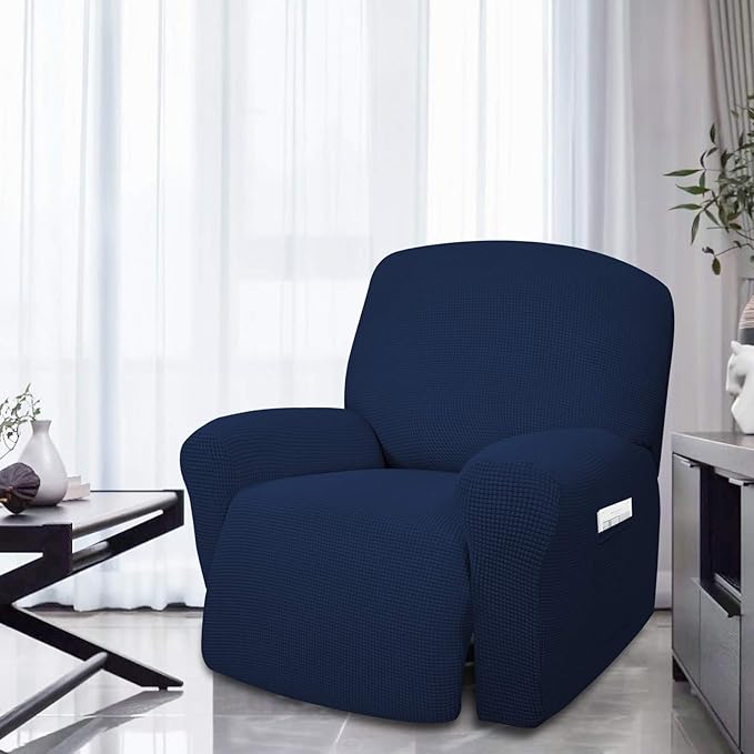 Easy-Going 4 Pieces Oversized Recliner Stretch Sofa Slipcover Sofa Cover Furniture Protector Couch Soft with Elastic Bottom Polyester Spandex Jacquard Fabric Small Checks Navy, X-Large