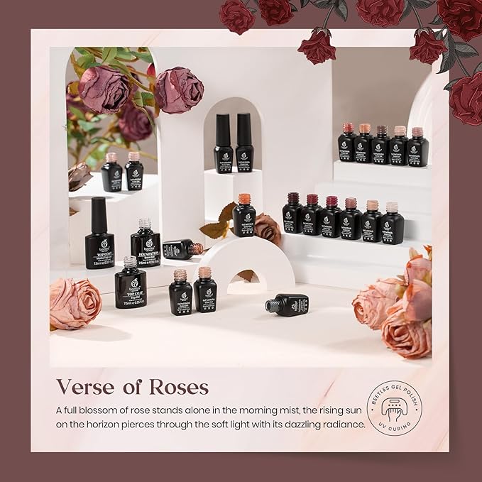 Beetles Gel Nail Polish Set, 23Pcs Brown Burgundy Red Nude Pink Gel Polish Set with Base Top Coat Verse of Roses Kit, Soak off Uv Gel Golden Glitter Holiday Nail Gift for Women