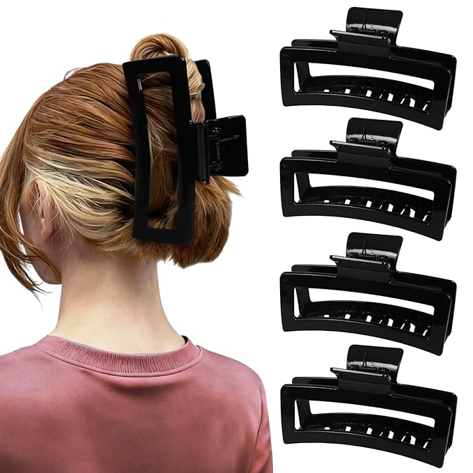 5 Inch XL Jumbo Claw Clips for Thick and Long Hair, 4-Pack Oversized Glossy Rectangle Hair Clips for Women, Strong Hold Non-Slip Jaw Clips, Black