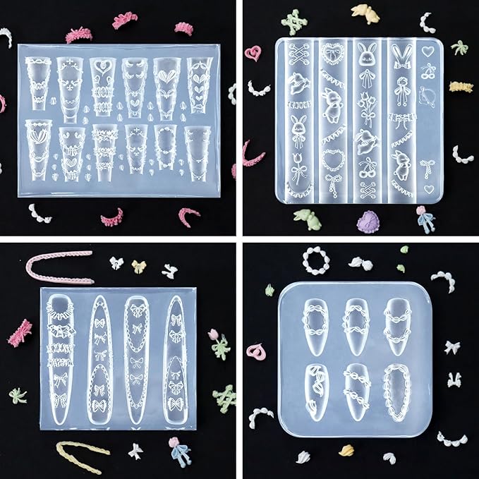 Laza 4pcs Cream Chain Silicone Nail Art Molds, 3D Multiple Shapes Embossed Cream Chain Bowknot Rabbit Charms Nail Accessories with Carving Pen Resin Nail Art Mold Manicure Tools for Manicure Design