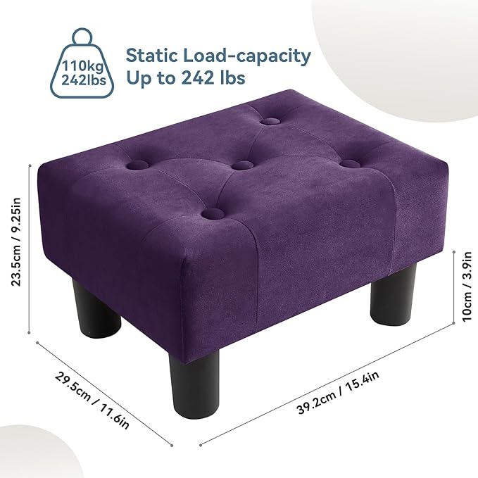 Poofzy Small Foot Stool Ottoman, Velvet Ottoman Foot Rest with Legs, Rectangle Foot Rest for Couch, Footstools and Ottomans Small for Living Room and Entryway (Purple)