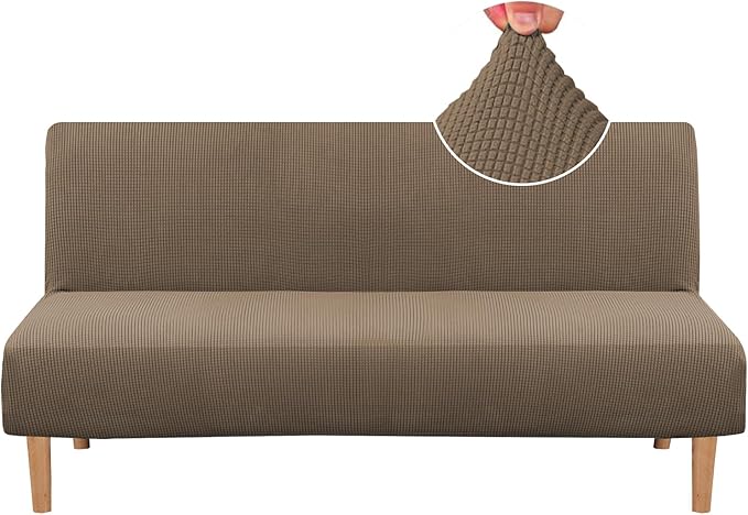 H.VERSAILTEX Armless Futon Cover Stretch Sofa Bed Slipcover Protector Elastic Feature Rich Textured High Spandex Small Checks Jacquard Fabric Futon Cover, Machine Washable, Macchiato