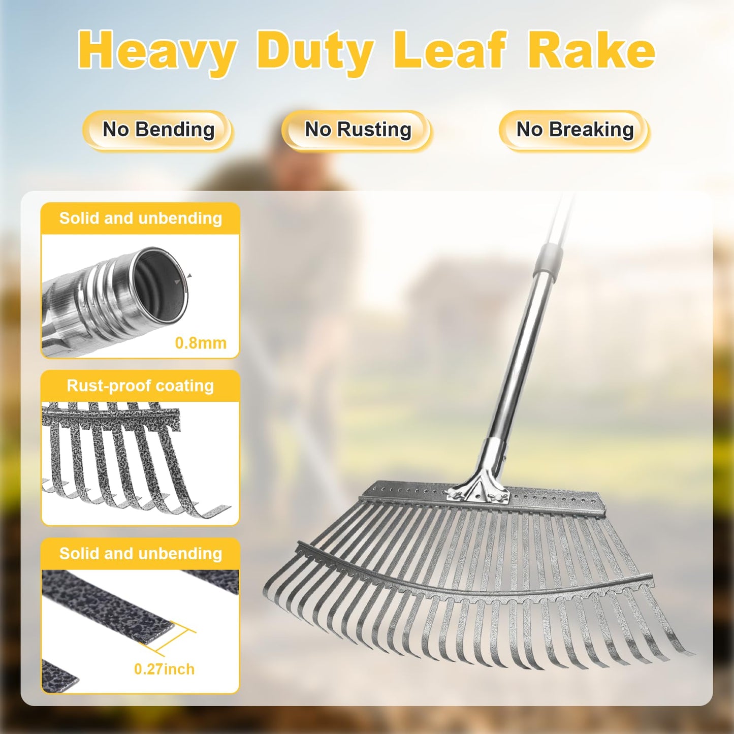 ARTIPOLY Adjustable Leaf Rake, 18-Inch Wide Heavy Duty Garden Rake with 62-Inch Long Handle, Large Metal Leaf Rake for Lawn Yard Grass, Flower Beds, Outdoor Use, Rastrillo para Jardin