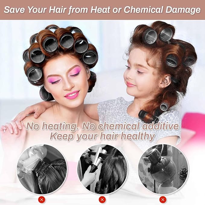 Self Grip Hair Rollers Curlers 16 Pcs Set with 8Pcs Hair Rollers 2 Sizes (4 Jumbo & 4 Large) and 8 Pcs Hair Clips for Long Medium Short Thick Fine Thin Hair Volume (Black)