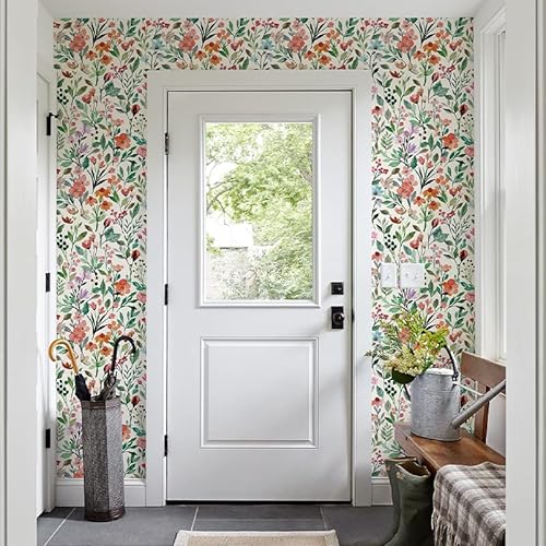 17.32"x118" Floral Wallpaper Peel and Stick Boho Textured Wall Paper for Bedroom Bathroom Renter Friendly Waterproof Pink Watercolor Modern Wallpaper for Kitchen Cabinet