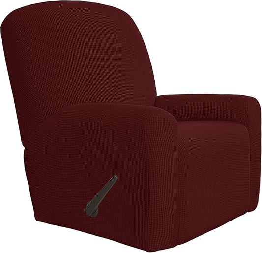 Easy-Going 4 Pieces Oversized Recliner Stretch Sofa Slipcover Sofa Cover Furniture Protector Couch Soft with Elastic Bottom Polyester Spandex Jacquard Fabric Small Checks Wine,X-Large