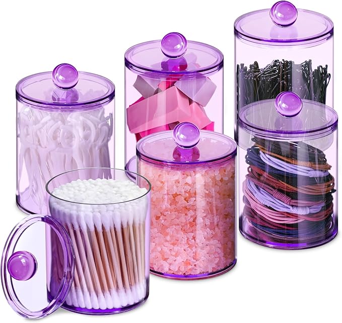 XIPENGKEJI 6 Pack Qtip Holder,Canister Apothecary Jar Set, Bathroom Jars with Lids Set for Cotton Swabs, Balls, Pads, Floss Picks,10oz-12oz Plastic Canisters Restroom Bedroom Vanity Organizer(Purple)