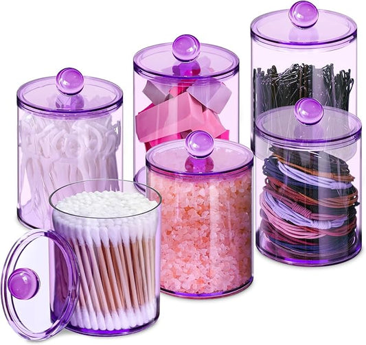 XIPENGKEJI 6 Pack Qtip Holder,Canister Apothecary Jar Set, Bathroom Jars with Lids Set for Cotton Swabs, Balls, Pads, Floss Picks,10oz-12oz Plastic Canisters Restroom Bedroom Vanity Organizer(Purple)