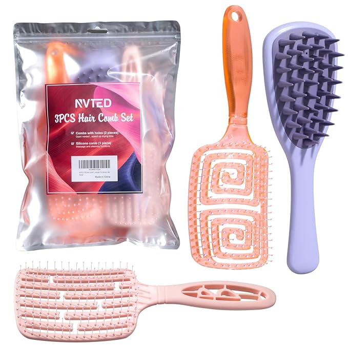 NVTED 3 PCS Hair Comb Set Beauty Hairbrush Wet and Dry, Silicone Scalp Scrubber Wet Hair Brush Shower Detangler For Women, Men