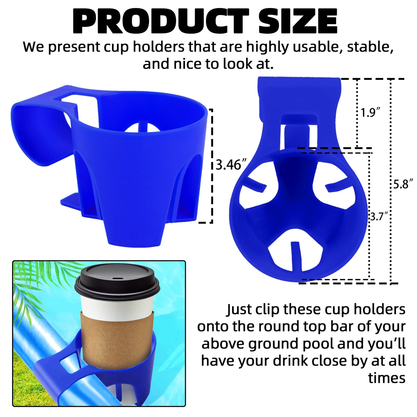 TonGass (6-Pack, Blue) Poolside Cup Holders Compatible with Above Ground Pools with 2 Inches or Thinner Round Top Bars - Strong and Durable Easy to Use Clip-On No-Spill Cup Holders