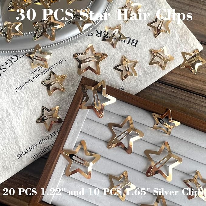 30 PCS Gold Star Hair Clips,20PCS 1.22"Star hair Clip and 10 PCS 1.65"Hair Clip Snap Hair Accessories Non Slip stars Clips for Girls Women gold Accessories Gold Metal Hair Clips