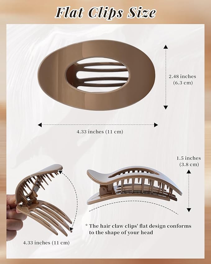 Mesovor 6 Pack Flat Hair Claw Clips, 4.33" Nonslip Large Round Lay Flat Hair Clips | Strong Hold French Flat Hairclips for Lying Down, Yoga, Driving (Neutral Polished)