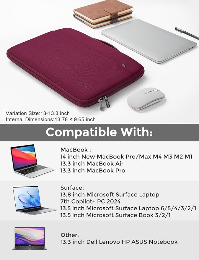 DOMISO 13.3 inch Laptop Case Sleeve Protective Cover Compatible with 14 inch MacBook Pro M4 M3 M2/MacBook Pro Max,13-13.3 inch Dell,Lenovo, HP,Waterproof Computer Cases Bag with Handle,Wine