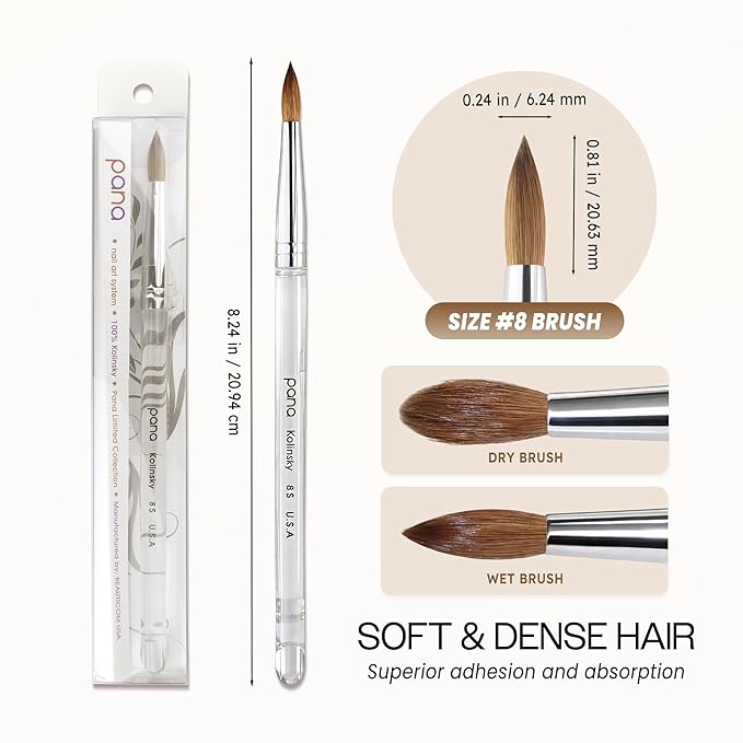 PANA Pure Kolinsky Hair Nail Brush - Round Clear Acrylic Handle (Size 8) - Nail Brush for Nail Application, Nail Extension, Manicure Pedicure Salon Beginner and Professional