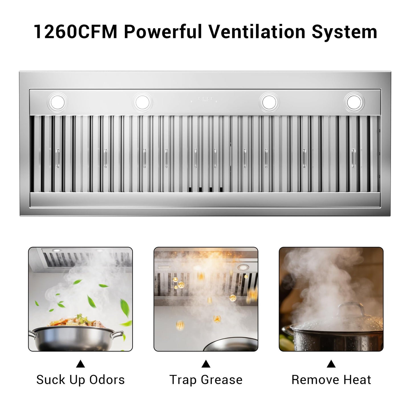 48-inch Range Hood Insert with Inline Remote Blower, CT Copper Tailor 1260CFM Kitchen Vent Hood, 4-Speed Exhaust Fan, 4 LED Lights, 8" Round Ducted,Baffle Filters, in Stainless Steel