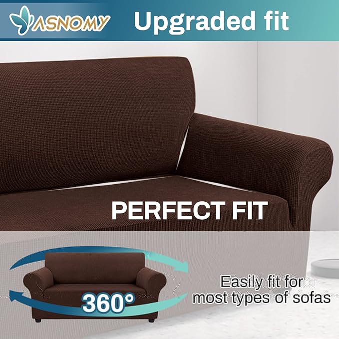 Asnomy Sofa Covers for 2 Cushion Couch Stretch loveseat Covers Slipcovers, Pet Protector Furniture Covers for Dogs Cats Spandex Jacquard Fabric Small Checks （Medium，Chocolate）