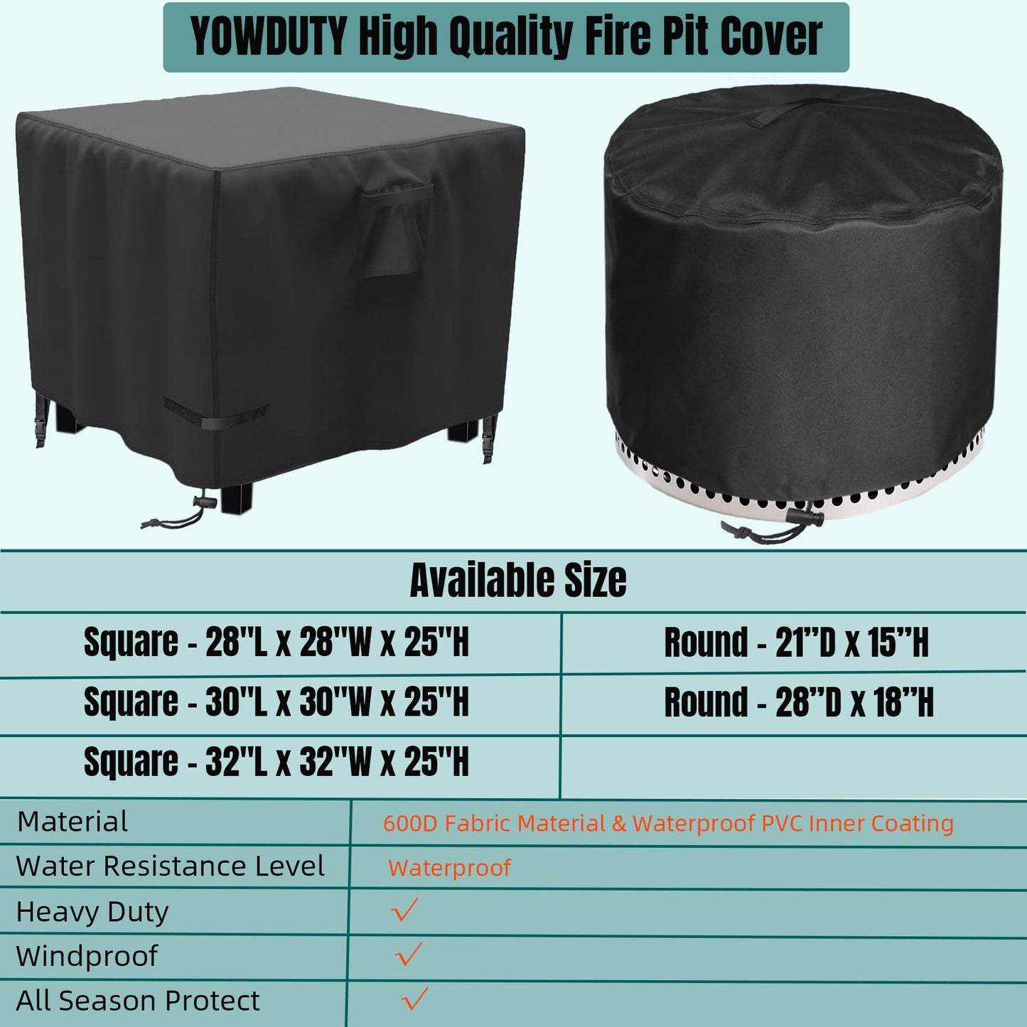 YOWDUTY Propane Fire Pit Cover Square 30 Inch, Waterproof Heavy Duty 600D Gas Fire Pit Table Cover 30 x 30 x 25 Inch, Fit 28-30 Inch Firepit Table, All-weather Protection For Patio Fire Table