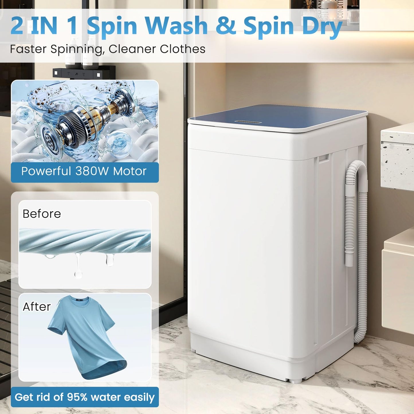 Auertech Portable Washing Machine, 2.0 cu.ft Capacity Fully Automatic Washer with Drain Pump, 7 Programs, 4 Water Levels, Portable Washer Dryer Combo for Apartment, RV, Dorm