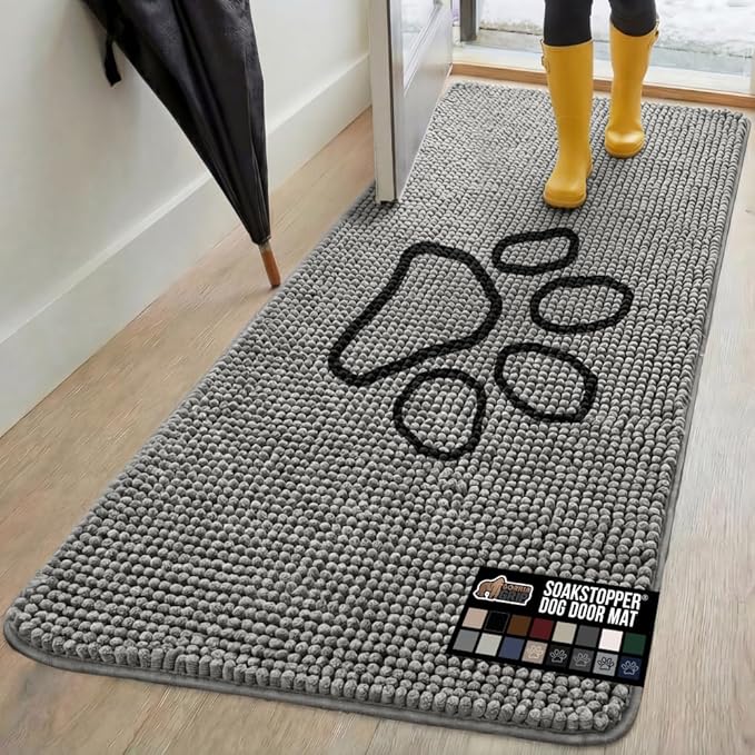 GORILLA GRIP SoakSTOPPER Dog Door Mat, 70x24 Machine Washable Rug Absorbent Doormat Captures Moisture Mud Dirt, Quick Dry Soft Chenille Entryway Rugs Indoor Entrance Mats for Dog Paws, Grey