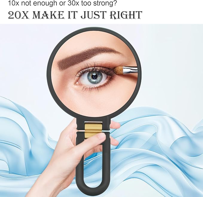 1x 20x Magnifying Travel Mirror, Hand Mirror with Handle - Double Side Hand Held Mirror with 1x 20x Magnification & Foldable Handle, Portable Travel Makeup Hand Mirror for Women (Black)