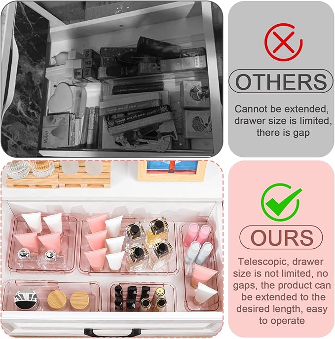 14 Pcs Clear Drawer Organizer, Adjustable Drawer Storage Box, 3-Size Desk Drawer Organizer, Acrylic Storage Bins for Makeup, Kitchen Utensils, Bedroom Dressers Tool Organizer for Gadgets, Pink
