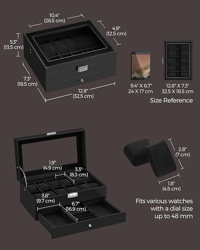 SONGMICS Watch Box, 12-Slot Watch Case Organizer with Large Glass Lid, 2 Layers, Removable Pillows, Metal Lock, Gift for Loved Ones, Black Synthetic Leather, Black Lining UJWB012B03